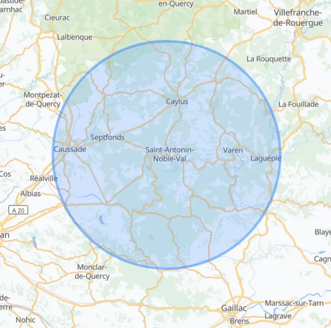 Carte de la zone d'intervention autour de Saint-Antonin-Noble-Val